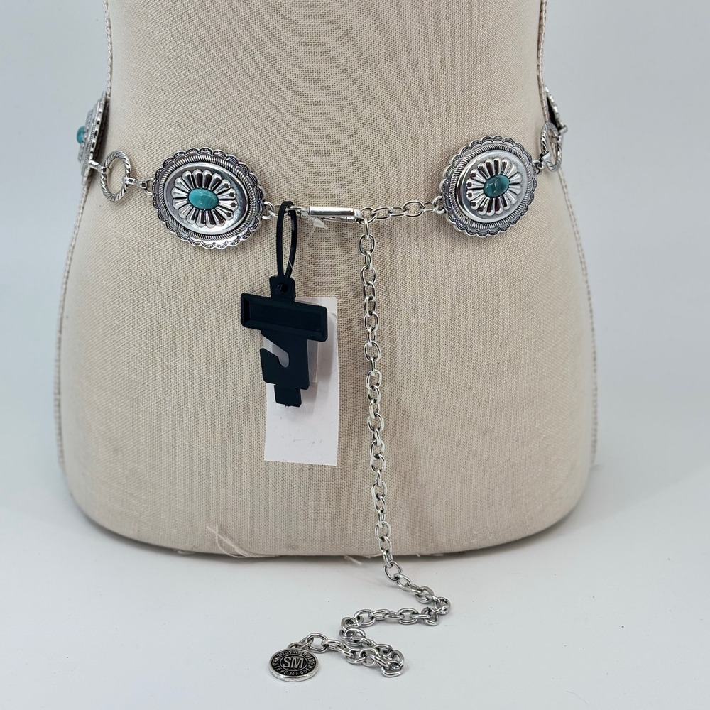 Steve Madden‎ Concho Chain Belt Women L/XL Silver Turquoise Western Boho New